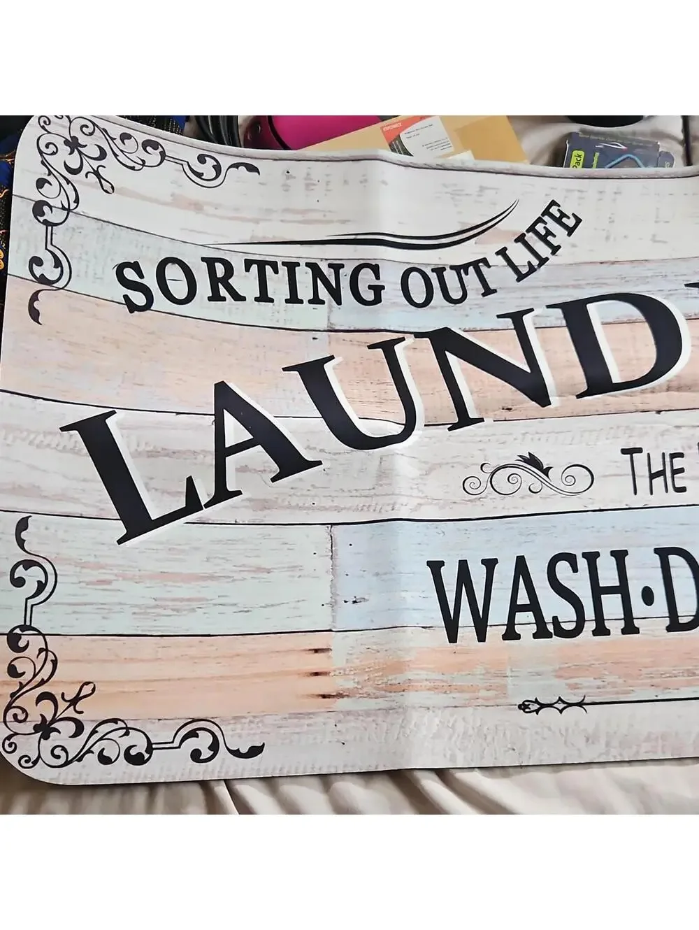 Laundry Room Wash Dry Fold Repeat Rectangle Door Mat Multicolor Text Pattern